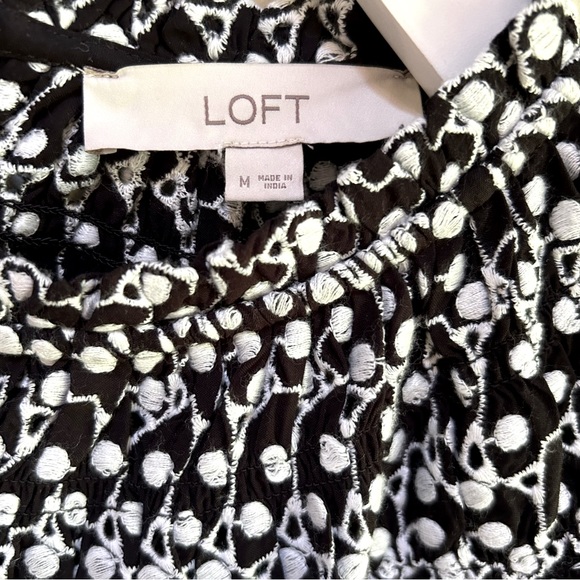 Loft ~ Embroidered Eyelet High Ruffle Neck Smocked Short Sleeve Top in Medium - Picture 3 of 13